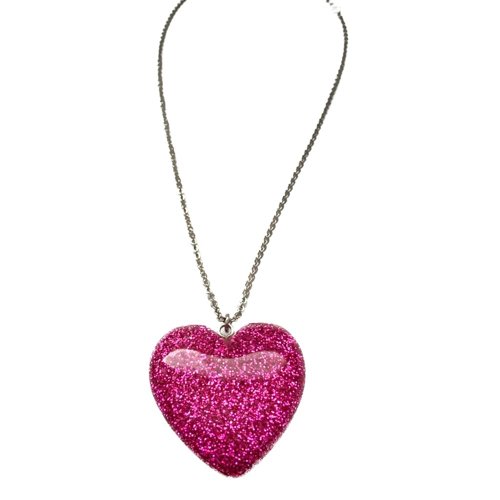 Large HOT PINK Sparkle Glitter Puff Heart on a Silver Necklace